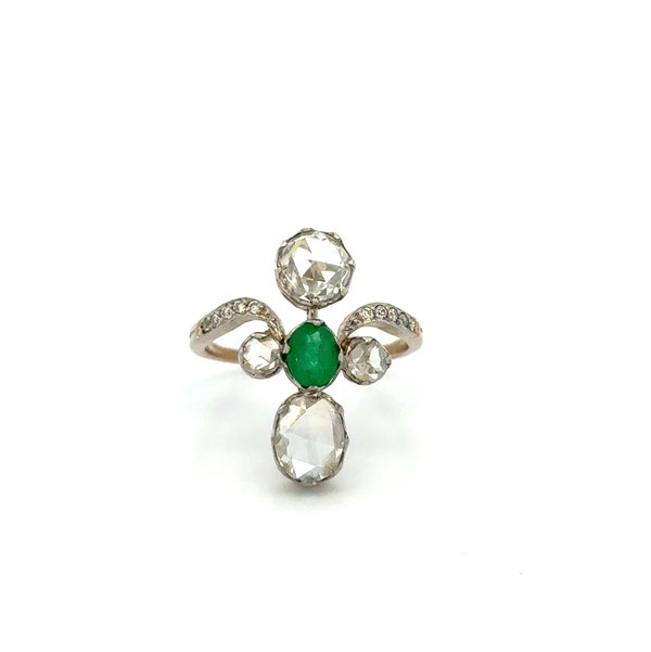 Closeup photo of Platinum on Gold .36ct Emerald, .75tcw Rose Cut 4 Diamonds & .10tcw OEC Diamond Lacey Ring 3.6g, s6