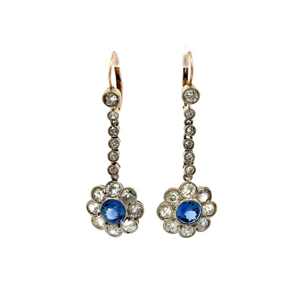 Closeup photo of Platinum on Gold Edwardian 2tcw Sapphire & 2.80tcw OEC Diamond Drop Earrings