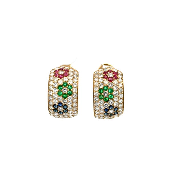 Closeup photo of 18K YG Tutti Fruiti 2tcw Emerald, Ruby & Sapphire & 4tcw RBC Diamond Cuff Hoop Earrings 13.0g