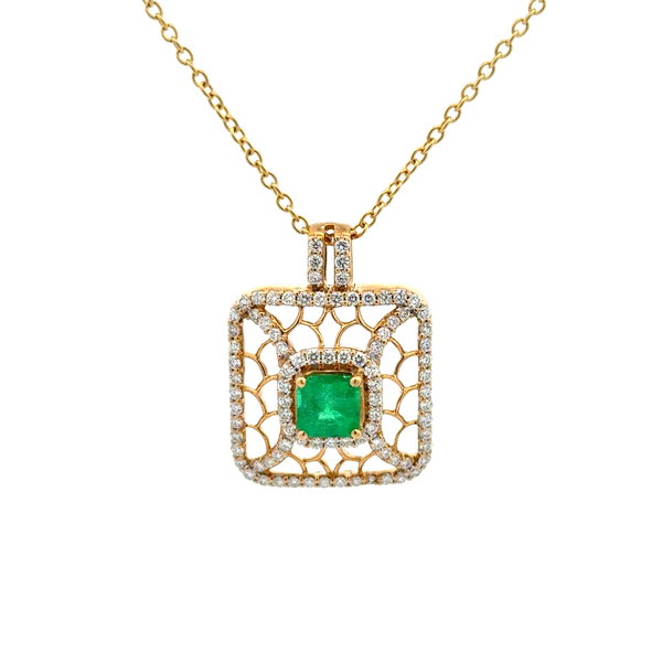 Closeup photo of 18K YG .90ct Emerald & 1.00tcw RBC Diamond Pendant on 14K Chain 7.4g, 16"