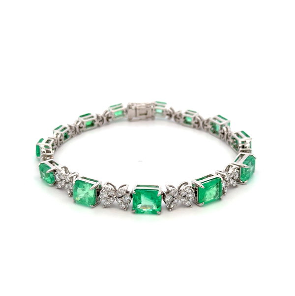 Closeup photo of 18K WG 13.53tcw Emerald Cut Emerald & 2.25tcw Marquis & RBC Diamond Bracelet 19.3g, 7.25"