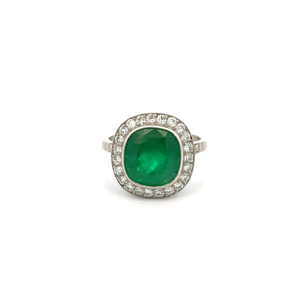 Closeup photo of Platinum 4.17ct Cushion Columbian Emerald & .68tcw Diamond Filigree Milgrain Ring 6.2g, s6.75