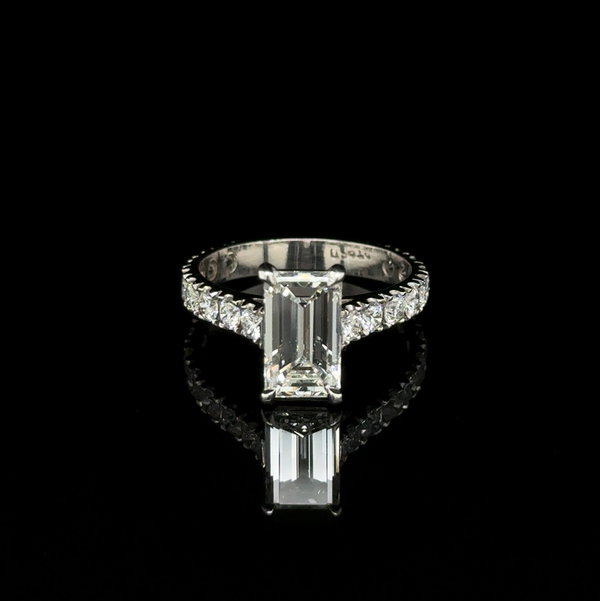 Closeup photo of Platinum 2.16ct Emerald Cut Diamond GIA & .90tcw RBC Diamond Ring 5.3g, s7