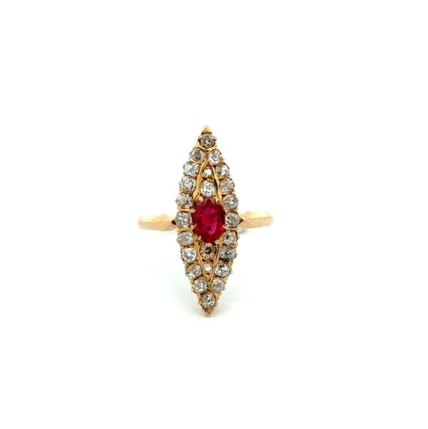 Closeup photo of 18k YG Victorian .50ct Ruby & .90tcw Old Mine Cut Diamond Navette Ring 3.0g, s7