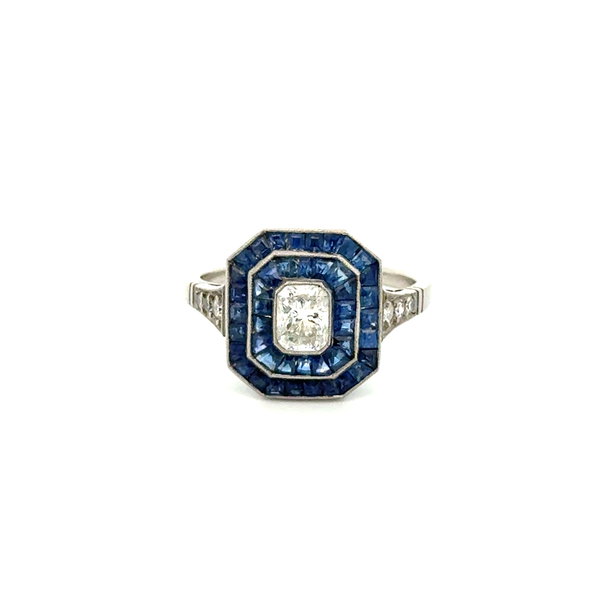Closeup photo of Platinum .55ct Radiant Diamond, 2.04tcw French Sapphire & .08tcw Diamond Double Halo Ring 4.4g,m s6.75