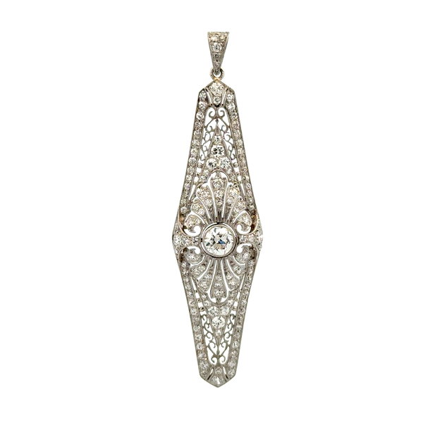 Closeup photo of Platinum Art Deco .70ct OEC & 2.70tcw OEC Diamond Long Navette Pendant 9.4g, 2.50"