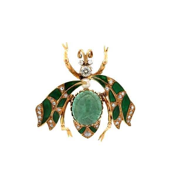 Closeup photo of 18K YG Victorian 11ct Cab Emerald, 1.00tcw Diamond & Enamel Bug Brooch 16.0g, 1.5"