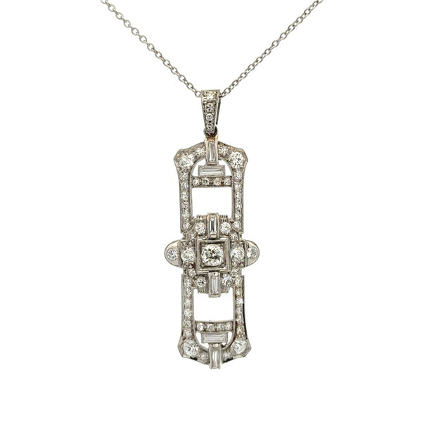 Closeup photo of Platinum Art Deco .25ct OEC & 2.30tcw Baguette & OEC Diamond Drop Pendant Necklace 8.1g, 16"