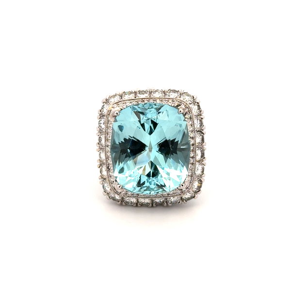 Closeup photo of Platinum 24.04ct Cushion Aquamarine & 3.57tcw Diamond Large Cocktail Ring 19.6s, s6.5