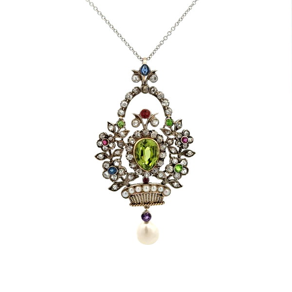 Closeup photo of Silver on 14k Victorian Giardinetto Flower Basker 1.48tcw Diamond, Peridot Sapphire Pearl Pendant Necklace 10.0g