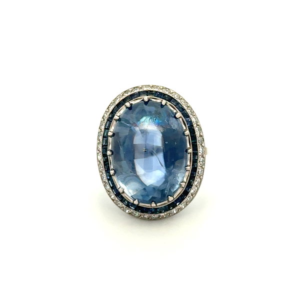 Closeup photo of Platinum 27.04ct No HEAT Cab Sapphire GIA, 1.10tcw Sapphire & 1.01tcw Diamond Ring 14.1g, s7.5