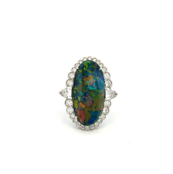 Closeup photo of Platinum 7.53ct Oval Black Opal & 1.65tcw Shield & RBC Diamond Ring 8.9g,s 6.5