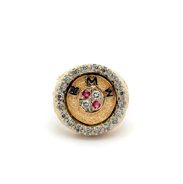Closeup photo of 14K YG BMW Circle .60tcw Diamond & .12tcw Ruby Nugget Ring 18.4g, s9