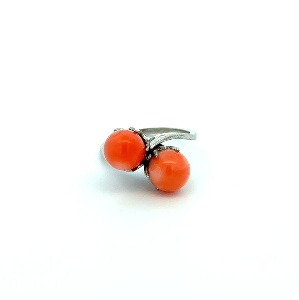 Closeup photo of 6K WG(AG/PD) Art Deco 7mm Coral Bead Bypass Ring 2.9g, s4