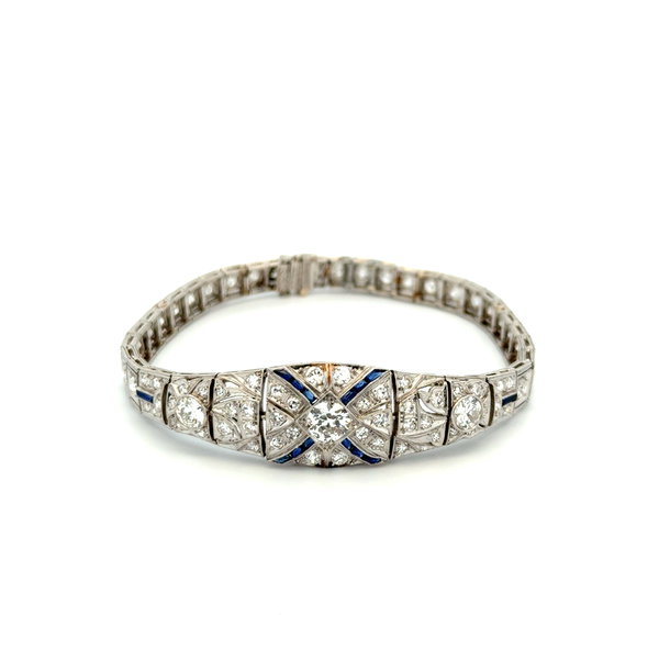 Closeup photo of Platinum Art Deco 1.15tcw 3 OEC & 3.50tcw OEC SC Diamond & Syn Sapphire Bracelet 18.6g, 6.75"