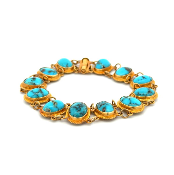 Closeup photo of 18K YG Vintage Turquoise Link Granulation Bracelet 16.0g, 7":