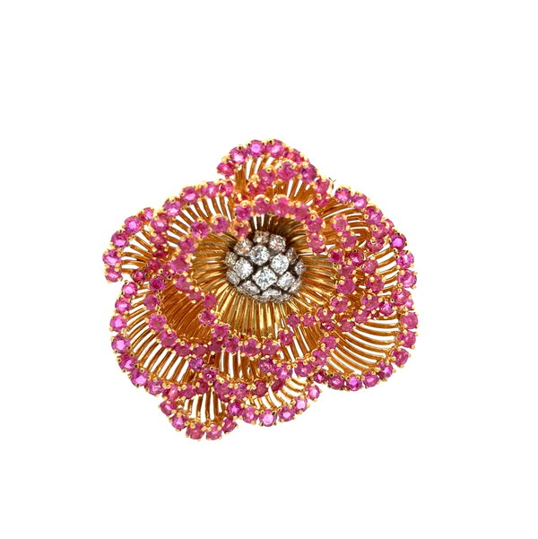 Closeup photo of 18K YG 1960's 12tcw Pink Sapphire & 1.36tcw Diamond Flower Brooch 48.0g