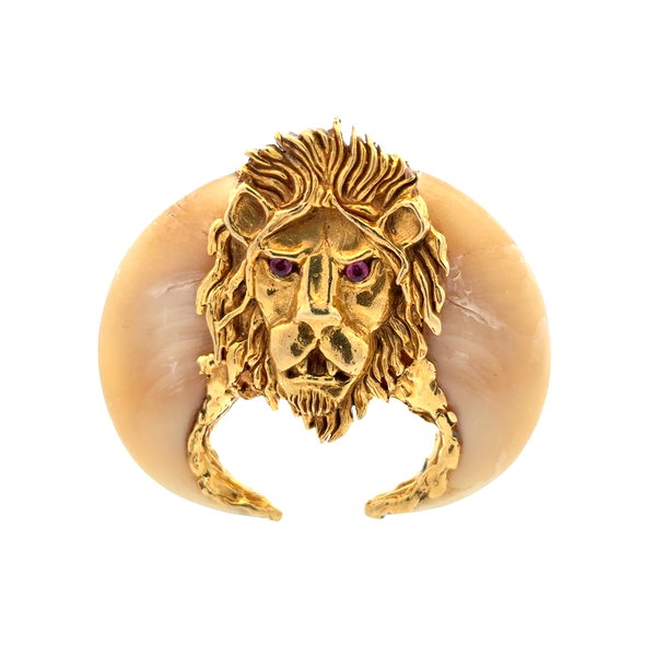 Closeup photo of 18K YG Lion's Head .30tcw Ruby Eyes Claw Pendant 64.8g
