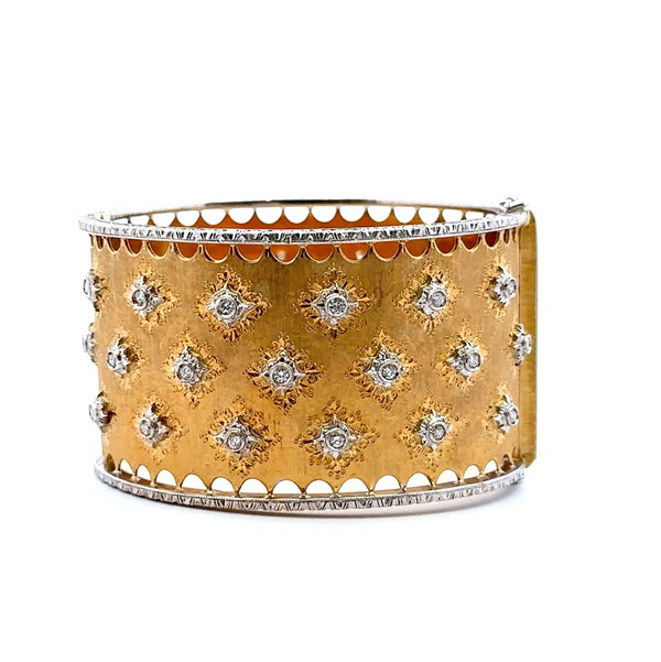 Closeup photo of 18K 2tone Brushed Buccelati Style 2.75tcw Diamond Cuff Bracelet 103.6g