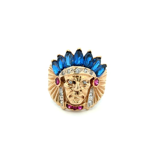 Closeup photo of 14K YG Indian Head Diamond Blue & Red Stone Ring 13.3g. s12.25