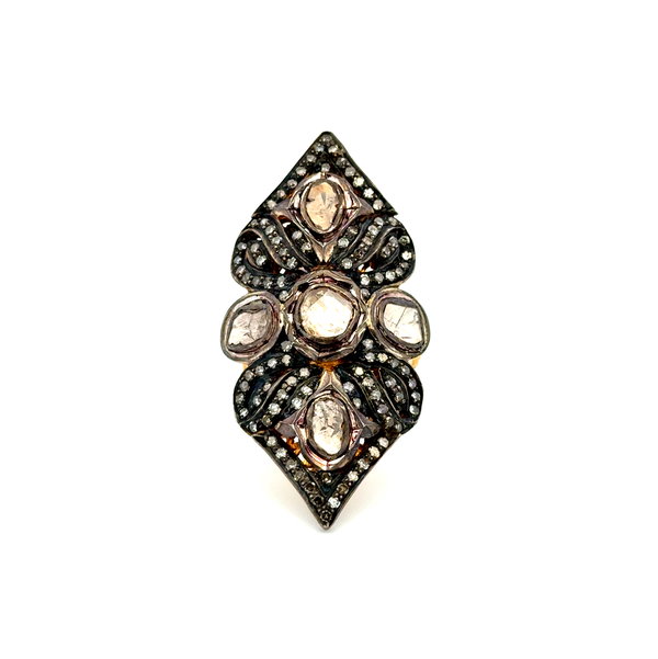 Closeup photo of Silver on 14K 2.20tcw Rose Cut Diamond Mogul Navette Ring 11.1g, s7.5