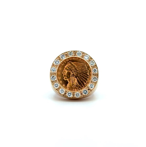 Closeup photo of 14K YG 1.40tcw Diamond Bezel Set 22K 1911 US $2.5 Indian Head Coin Ring 21.5g, s 9.5