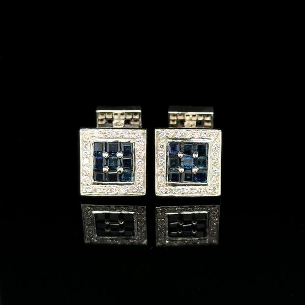 Closeup photo of 18K WG 1.25tcw Sapphire & 1.05tcw Diamond Cufflinks 15.1g