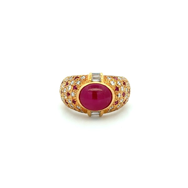 Closeup photo of 18K YG 3.22ct Cabochon Ruby, .61tcw Diamond & .24tcw Ruby Dome Ring 9.7g, s4.5