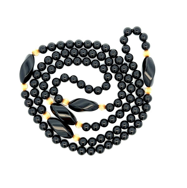Closeup photo of 14K YG Onyx Bead & Gold Rondel Continuous Necklace 32"