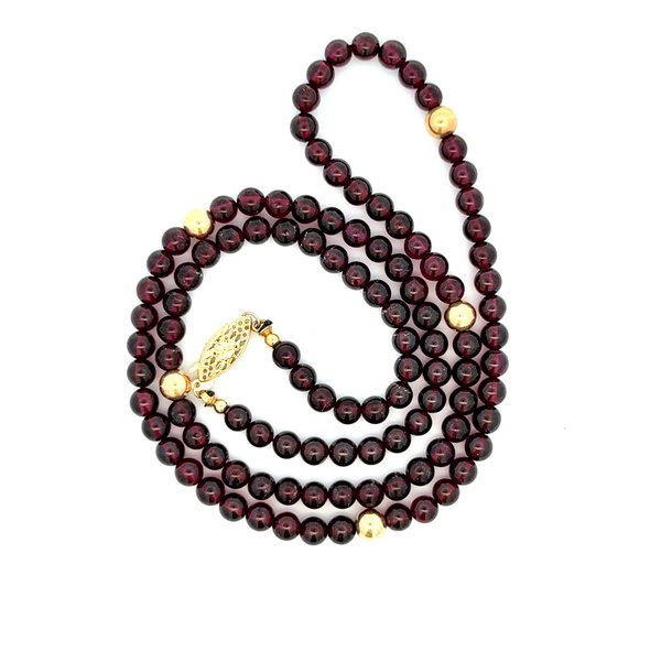 Closeup photo of 14K YG 5.5mm Garnet Bead & 6mm Gold Rondel Necklace 34.8g, 24"