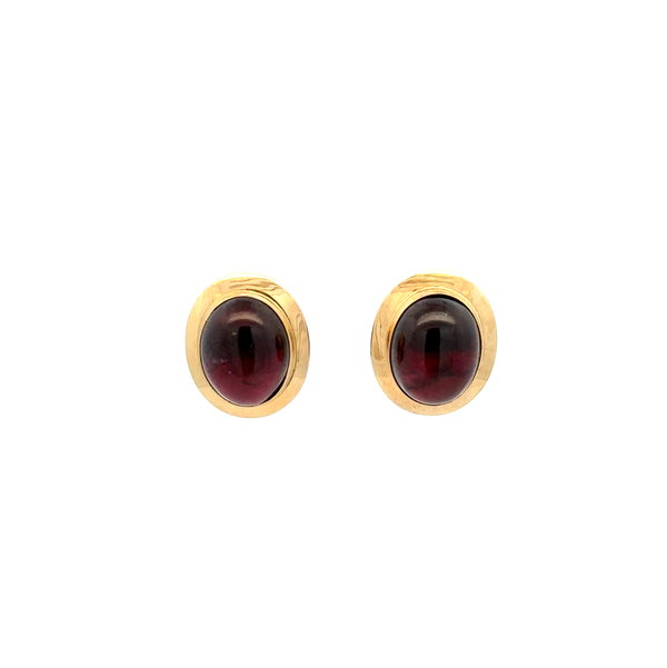 Closeup photo of 14K YG 3tcw Cabochon Garnet Bezel Stud Earrings 2.8g