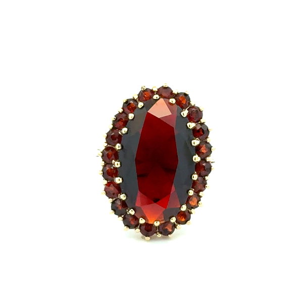 Closeup photo of 14K YG Bohemian 6ct Oval Garnet & 1.00tcw Garnet Halo Ring 5.6g, s7.75