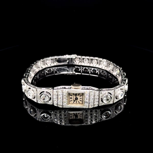 Closeup photo of Platinum Art Deco Cartier Dial Watch & 3.65tcw OEC & SC Diamond Tapered Bracelet 34.2g, 7"