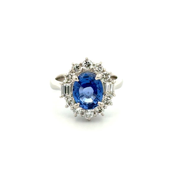 Closeup photo of Platinum 3.03ct Oval NO HEAT Ceylon Sapphire & 1.08tcw Baguette & RBC Diamond Ring 9.3g, s6