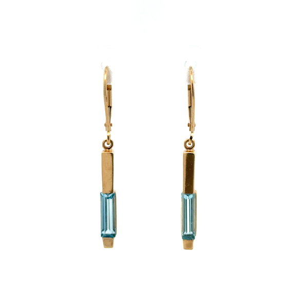 Closeup photo of 14K YG 1.20tcw Baguette Blue Topaz Drop Earrings 3.5g