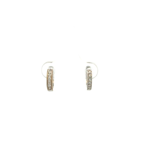 Closeup photo of 18K WG .12tcw RBC Diamond Huggie Hoop Earrings 1.6g, 11.2mm