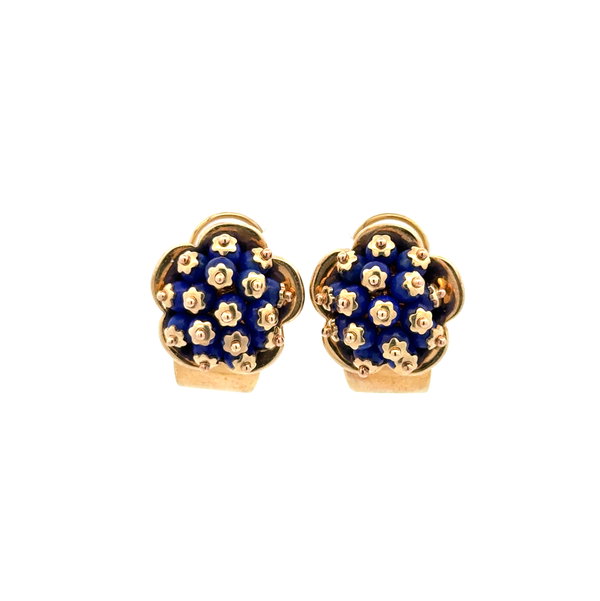 Closeup photo of 14K YG 1960's 4tcw Lapis Cluster Clip Earrings 10.9g