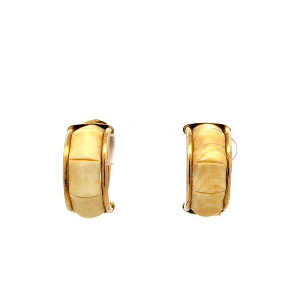 Closeup photo of 14K YG 1970's Bamboo Shape Carved Bone Clip Earrings 11.7g