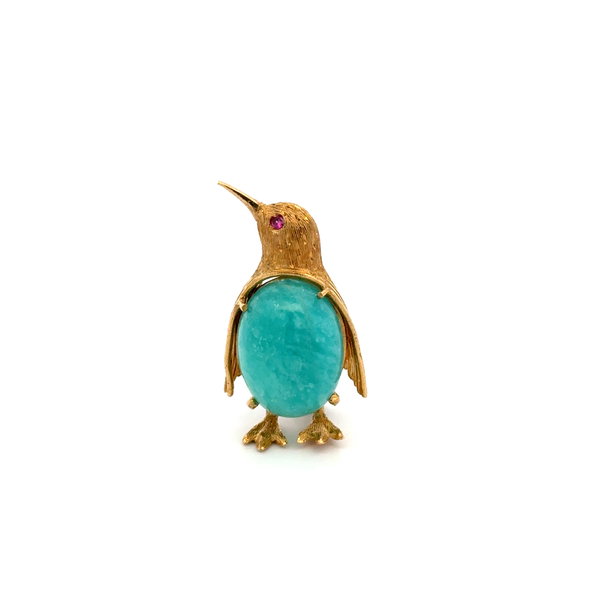 Closeup photo of 18K YG Italian Garavelli Amazonite & Ruby Eye Penguin Brooch 7.8g