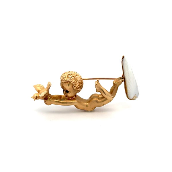 Closeup photo of 14K YG Cherub Holding a Dove Pearl & Sapphire Brooch 16.1g