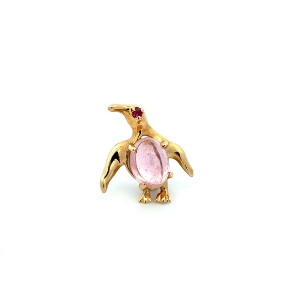 Closeup photo of 14K YG Red & Pink Gemstone Penguin 2.1g