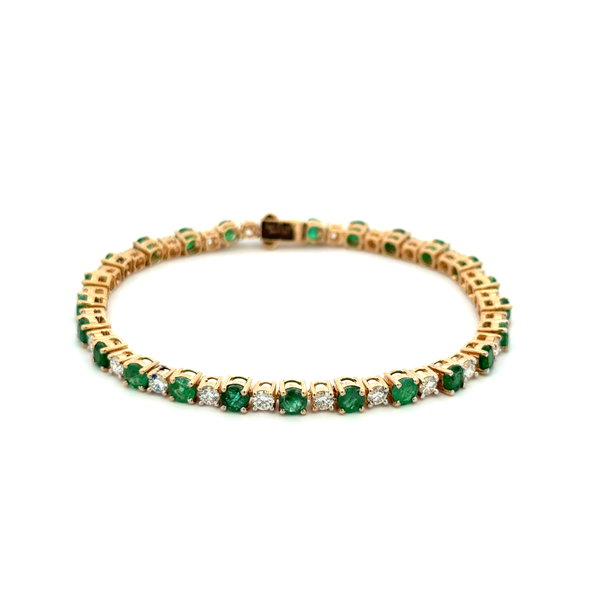 Closeup photo of 18K YG 6.13tcw Emerald & 2.76tcw RBC Diamond Line Tennis Bracelet 15.2g, 7.25"