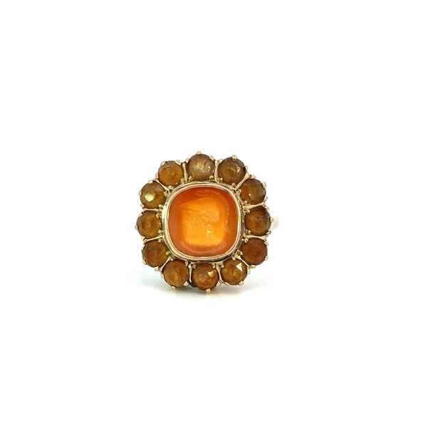 Closeup photo of 14K YG Victorian Carnelian Intaglio & Orange Stone Ring 7.3g, s6.25