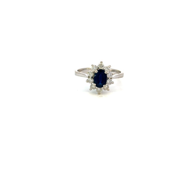 Closeup photo of 14K WG .85ct Oval Sapphire & .40tcw Diamond Princess Diana Ring 3.1g, s7
