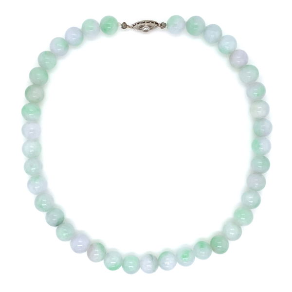 Closeup photo of Natural Green, Lavender & White Jade Bead Necklace with .25ct diamond clasp, 16in.