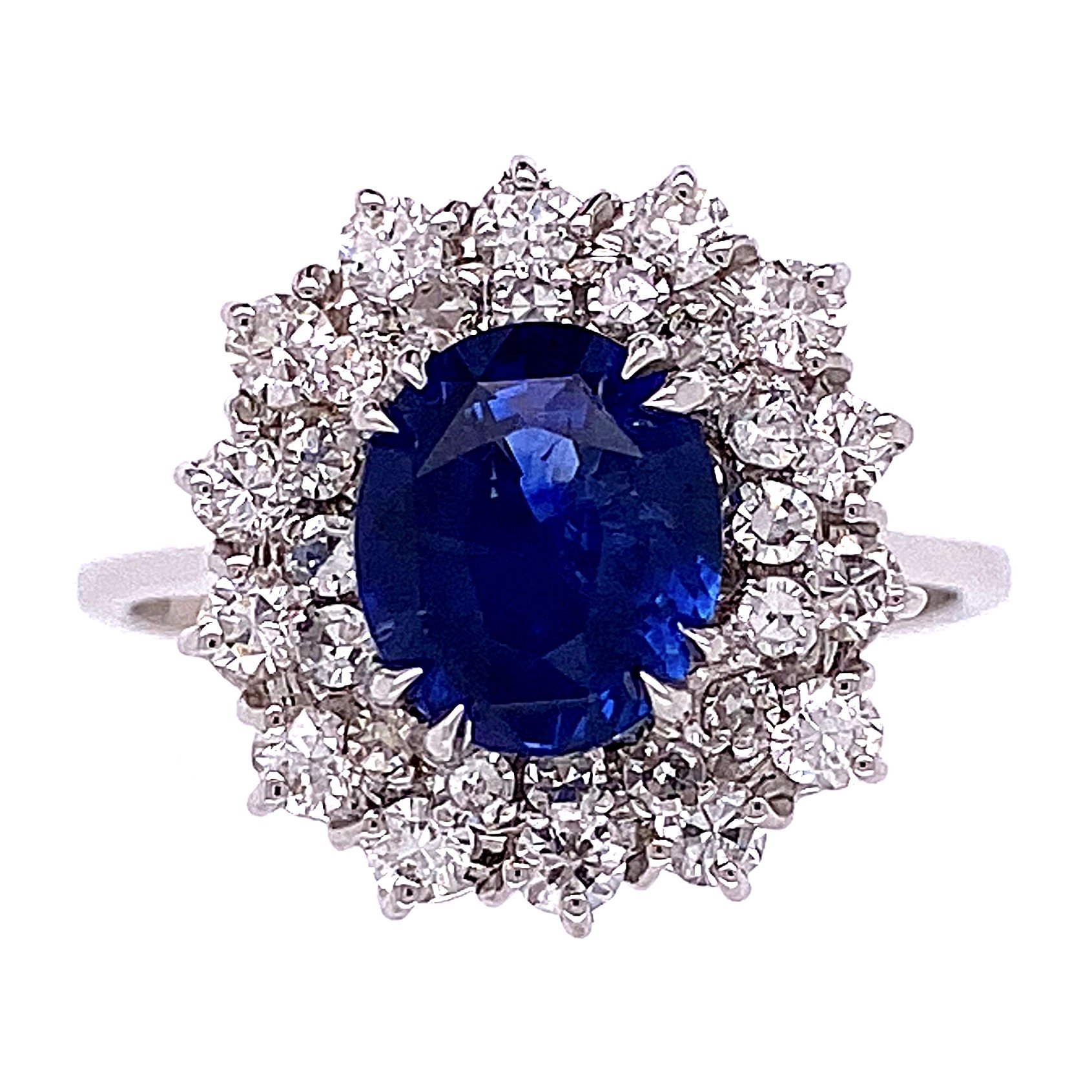 14K White Gold 2ct Natural Blue Sapphire Ring double halo diamonds 1.00tcw, 4.5g, s7