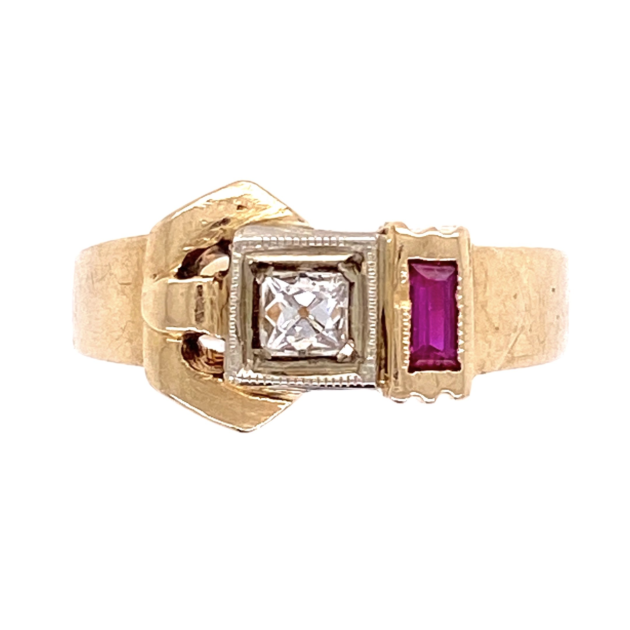 14K Rose Gold Retro Ring c1940's .10ct French Cut Diamond w/synthetic Rubies