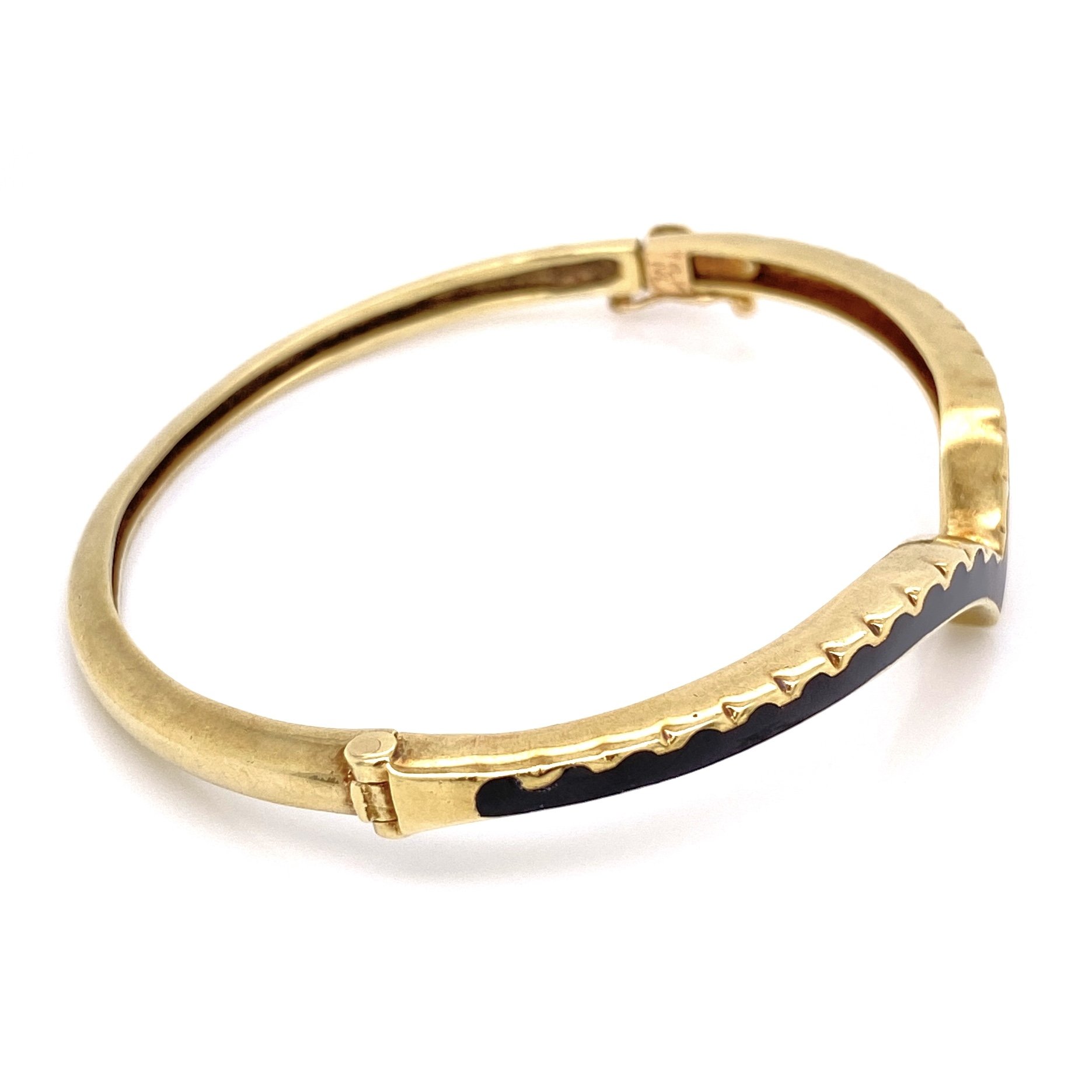 14K Yellow Gold Victorian Curved Black Enamel Bangle Bracelet, 15.1g