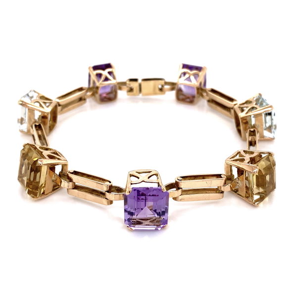 Closeup photo of 18K Yellow Gold Retro Aquamarine, Amethyst & Citrine 45.0tcw Bracelet, 28.3g, c1940's, 7"