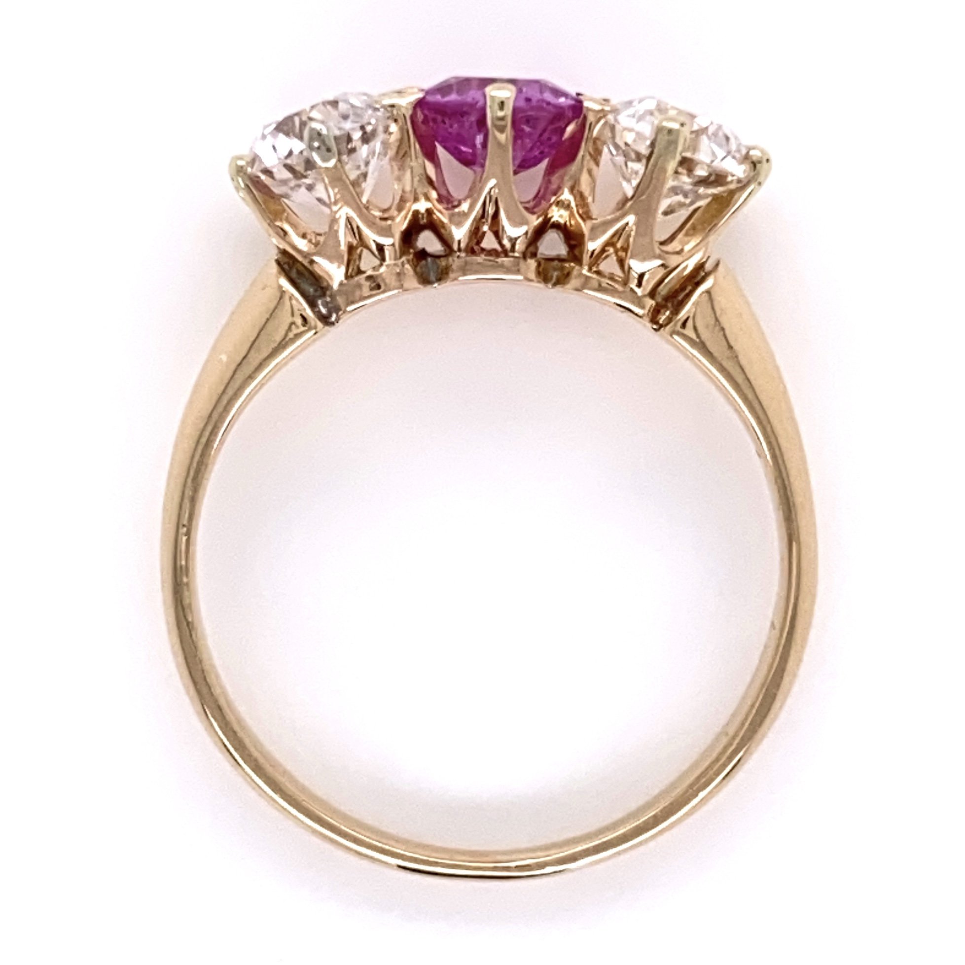 14K Rose Gold VIctorian 3 stone Ring, 1 Pink Sapphire .50ct & 2 OEC Diamonds .90tcw, s5.5